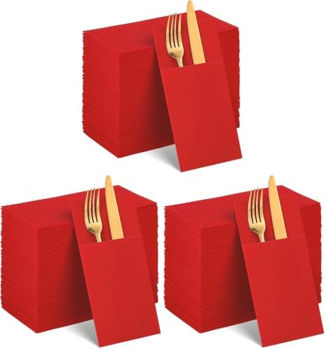 60 Pcs Red Linen-Feel Paper Napkins with Built-in Flatware Pocket, Pocket Linen Napkin Prefolded Cloth Like Paper Napkin Bulk for Anniversay Silverware Birthday Bathroom Wedding Party (Pack of 3) by NatNarr