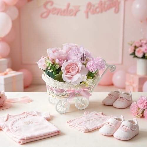 3 Set Rattan Baby Carriage Floral Arrangement with Bouquet for Baby Shower Table Centerpiece Stroller for Gender Reveal Party Decor Favor - Image 4