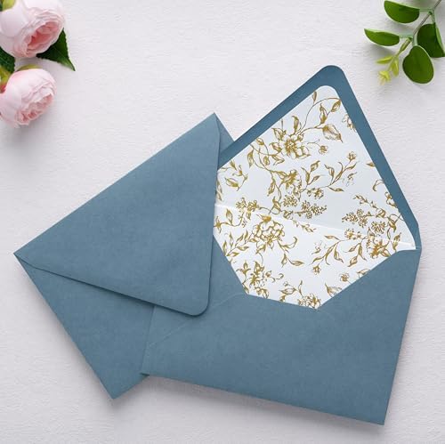 PONATIA A7 Euro Flap Gold Foil Liner Envelopes, Dusty Blue 5x7 Envelopes - Image 3