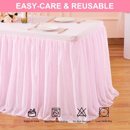 Wish Care 2 Pack Pink Tulle Table Cloth for Rectangle Tables 8FT Ruffle Tutu Stretch Fitted Tablecloths Wrinkle Free Tulle Tutu Skirt Table Cover for Party Wedding Girls Birthday Baby Bridal Shower - Image 6
