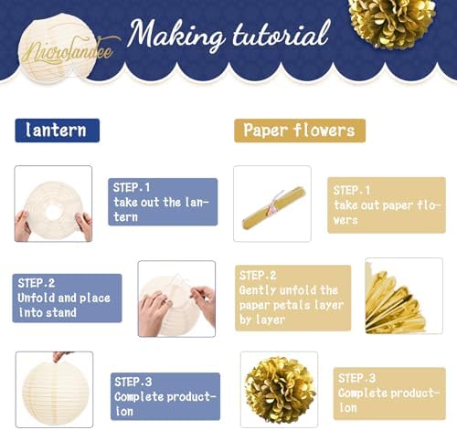 NICROLANDEE Navy Blue and Gold Decorations, 27 PCS Hanging Paper Lanterns Tissue Pom Poms Garlands Decor for Graduation Party, Mens Birthday, Memorial Day Decorations, New Years Party Supplies - Image 4