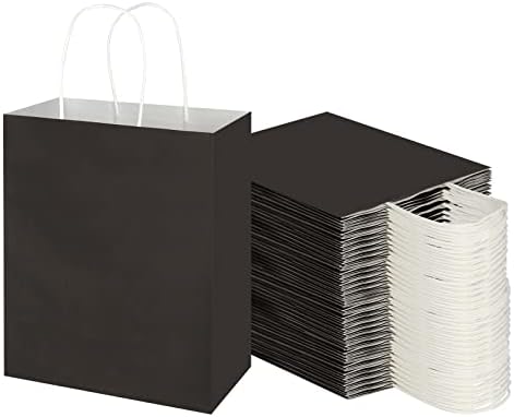 Toovip 100 Pack 8x4.75x10 Inch Medium Black Kraft Paper Bags with Handles Bulk, Gift Wrap Bags for Favor Grocery Retail Party Birthday Shopping Business Goody Craft Merchandise Take Out Sacks by Toovip