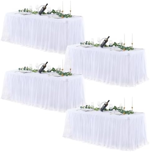 White Tulle Table Cloths for 6 Foot Rectangle Tables, White Tulle Table Skirt Table Cover 6ft Desk Skirt Party Banquet Tablecloth Baby Shower Fabric Elastic Stretch Fitted Ruffle Wedding Table Cloths by LittleFunny