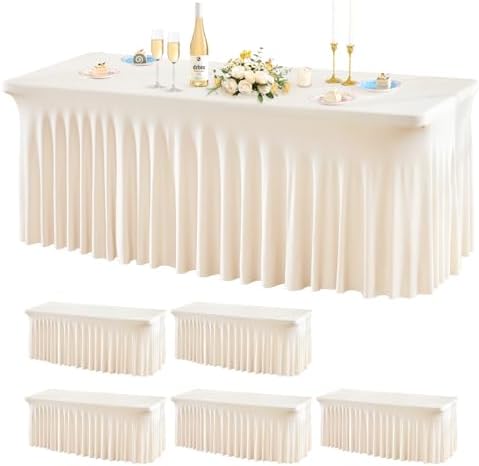 Wish Care 6 Pack Ivory Spandex Table Clothes for 4 Foot Rectangle Tables, 4FT Wrinkle Free Fitted Tablecloths Ruffles Design Table Cover for Party, Banquet, Wedding and Events by WishCare