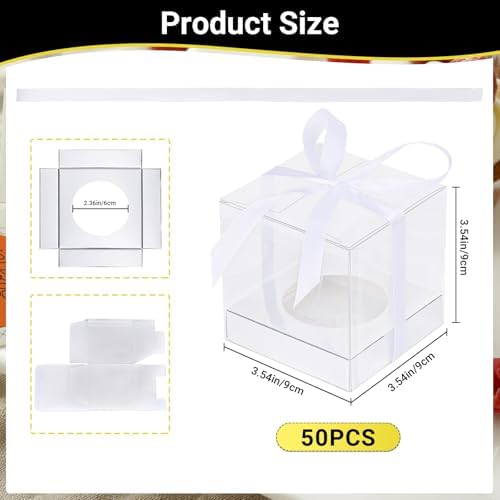 EUSOAR Cupcake Boxes, 50 Packs 3.5 Inch Dessert Pastry Individual Cupcake Containers with Inserts and Ribbon, Clear Muffins Gift Holder Disposable Cake Carrier for Wedding Party Favor Bakery-Silver - Image 2