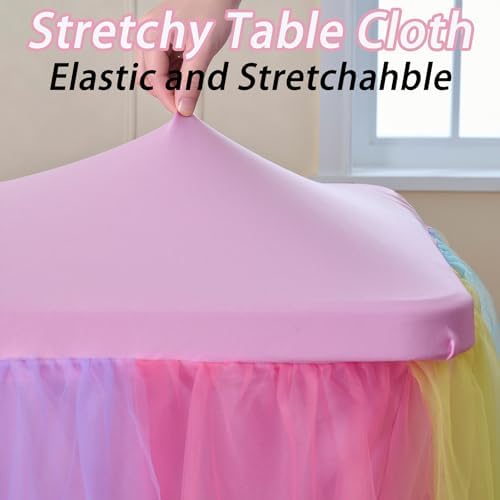 2 pk 8ft Rainbow Tulle Tablecloth for Rectangle Tables, 2-in-1 Pastel Color Table Covers with Tulle Skirt,Wrinkle Free Stretchy Ruffle Tulle Table Cloths Fitted for Wedding Party Banquet Vendor - Image 4