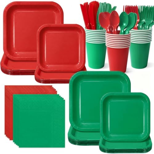 Vyntra 350 Pcs Red & Green Square Paper Plates and Napkins Set, Serves 50 by PartyTablewareSupplies