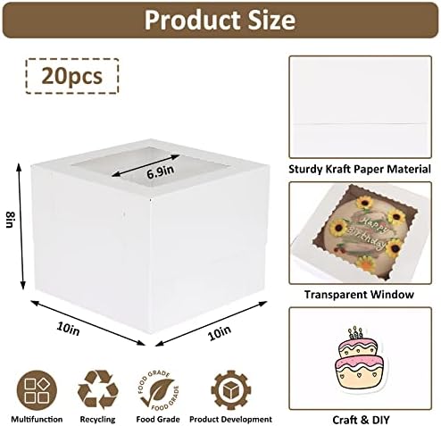 Moretoes 20pcs Cake Boxes, 10x10x8 Inches Tall Bakery Boxes with Window - Image 2
