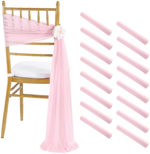 Fanqisi Pink Chair Sashes 16 Pieces 240cm Long Chair Bows Sashes Sheer Tulle Flowy Fabric for Wedding Aisle Chairs Decoration by Fanqisi