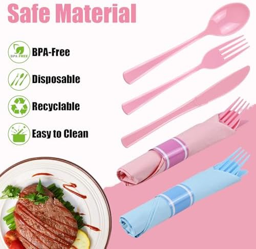 60Pack Pre Rolled Gender Reveal Cutlery Set with Napkins, Pink & Blue Disposable Plastic Silverware for Baby Shower, Birthday Party, Boy or Girl Reveal Party, Pre Wrapped Utensils Tableware - Image 4