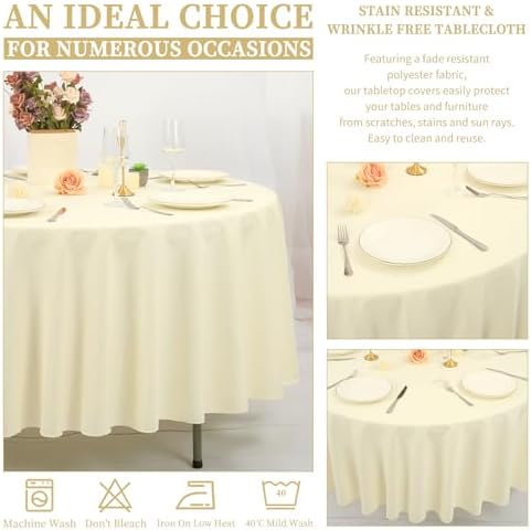 Showgeous 120 Inch Beige Round Tablecloths, Polyester Table Covers - Image 6