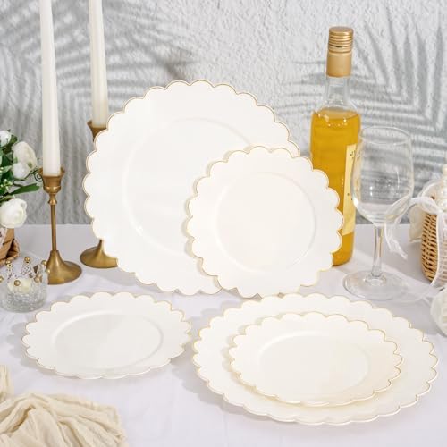 LIYH 120Pcs Ivory Scalloped Plastic Plates, Gold Rim Fancy Plates For Party - Image 2