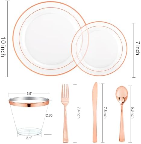 bUCLA 150PCS Clear Rose Gold Disposable Dinnerware set - Rose Gold Plastic Plates Include 25 Dinner / 25 Dessert Plates, 25 Knives, 25 Forks, 25 Spoons, 25 Cups for Party & Wedding - Image 2