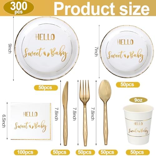 400 Pcs Baby Gender Reveal Plates and Cups and Napkins Sets with Forks Spoon Party Supplies Baby Shower Paper Tableware Gender Reveal Decorations Disposable Cutlery, Serves 50(Gold,Hello Sweet) - Image 3