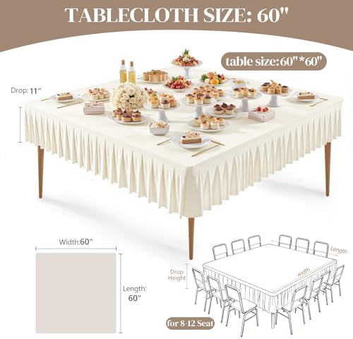 Wish Care 2 Pack Ivory Spandex Tablecloths for 60x60 Inch Square Tables, Stretch Fitted Table Clothes with Pleated Ruffle Skirt for 60” Table, Wrinkle Free and Elastic, for Party Kitchen Home Dining - Image 2