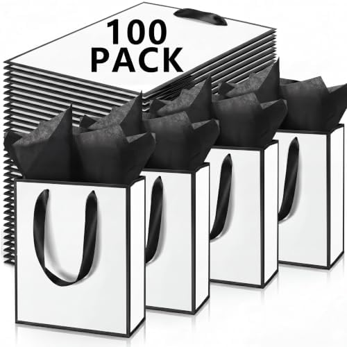 Yeaqee 100 Pcs Metallic Paepr Gift Bags Bulk with Handles,White Black by Yeaqee