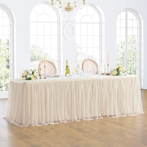 156in Champagne Gold Tulle Table Skirts for Rectangle Tables 8ft 6ft 4ft, 2-Layer Beige Ruffle Tulle Tutu Cloth Table Skirt 13ft for Wedding Party Birthday Baby Shower Cake Dessert(No Table Cover) by ENJOYYOURPARTY