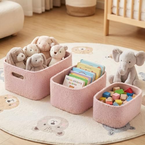 Boucle Nursery Storage Baskets Set of 3, Decorative Nesting Fabric Bins for Shelves, Changing Tables, Dressers and Closets, Baby Toys, Diapers, Clothes, Books, Blankets and Essentials, Pink - Image 6