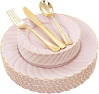 YOUBET 125PCS Pink Plastic Plates with Gold Rim for Wedding Birthday Party by YOUBET