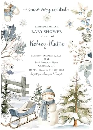 Winter Snowman Baby Shower Invitation, Watercolor Winter Theme with Pine Trees and Sleigh, Custom Printed 5x7 invitations with white envelopes by Handmade
