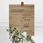Andaz Press Large Wooden Welcome Sign for Wedding Rustic Welcome Sign 16" x 20" Custom Names So Glad You're Here Wedding Signage English Oak MDF Wood Finish Wedding Reception Indoor Outdoor Signs - Image 3