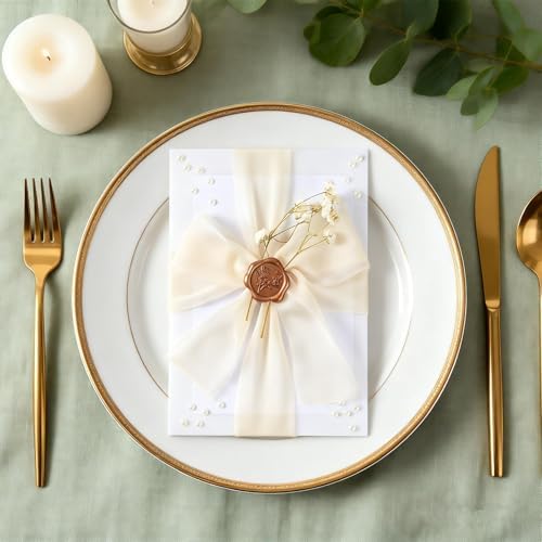 Wedding Invitation Wrap Kit, Pre-Folded Vellum Jackets for 5x7 Invitations with Wax Seal Stickers, Chiffon Ribbon, Dried Flowers & Pearl Stickers, DIY Invitation Accessories (Set of 100) - Image 7