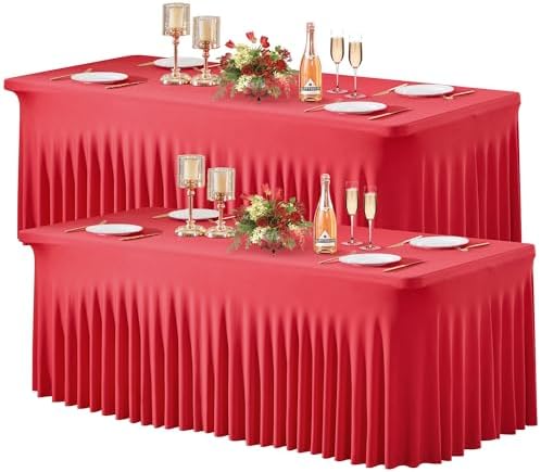 Wish Care 2 Pack Red Spandex Table Clothes for 8 Foot Rectangle Tables, 8FT Wrinkle Free Fitted Tablecloths Ruffles Design Stretch Table Cover for Party, Banquet, Wedding and Events by WishCare