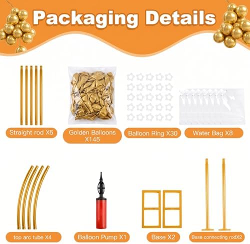 Balloon Arch Stand Kit Set with 145PCS Metallic Gold Balloons – Duty Metal Wedding Backdrop Frame with 8 Water Bags, Gold Semi-Open Arch for Birthday, Party Decorations Indoor Outdoor. - Image 2