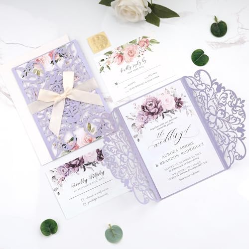 50pcs Laser Cut Wedding Invitations with Envelopes and Rsvp Cards Purple - Image 7