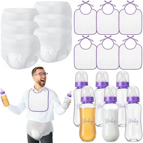 6 Sets Bottle Chug Baby Shower Games Juegos Para Plastic Baby Bottles Bibs Disposable Diapers Gender Reveal Games Baby Changing Diaper Race Game Decoration (Purple) by giftlyze