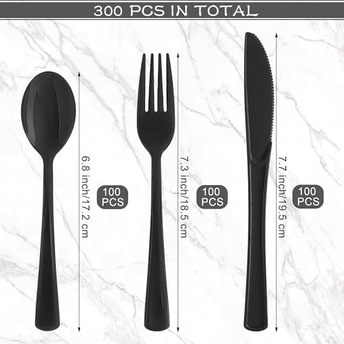 Kochorie 300 Pieces Black Plastic Silverware Heavy Duty Disposable Utensils - Image 2