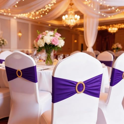 Pack of 100 Purple Chair Sashes with Gold Buckles Spandex Chair Bands Bows - Image 5