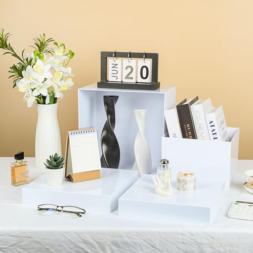 7 Pcs Acrylic Buffet Risers Set – Square Display Stands 6.8" to 12", Clear Cube Boxes for Cakes, Desserts, Jewelry & Party Decor, Hollow-Bottom Storage & Display Riser, Stackable Nestable Design (White) - Image 4