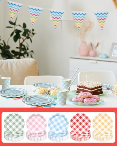 226-Piece Gingham Party Supplies, Checkered Paper Plates Set with Cutlery Napkins Cups Straws & BlueTablecloth — 5Color Disposable Tableware for 25 Guests, WeddingPicnic Birthday Baby Shower - Image 4