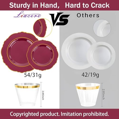 Liacere 175PCS Red Plastic Plates - Disposable Burgundy Red and Gold - 25guest Baroque Plastic Dinnerware include 50Plates, 25Pack Pre Rolled Napkins with Silverware 25Cups for Party & Wedding - Image 3