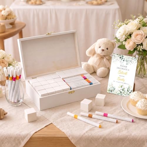 119 Pcs Baby Shower Game – 64 White Wooden Cubes to Decorate, Storage Box, 48 Acrylic Markers, 5 stencil templates & Instruction Sign - Image 4