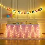 PARTISKY Pink Tulle Tutu Table Skirt for Rectangle Tables or Round Tables,Led Light String Table Cloth for Girls Baby Shower Birthday Party Dessert/Cake Tables - Image 2