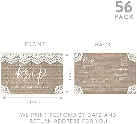 Andaz Press 56-Pack Personalized RSVP Postcards for Wedding Burlap Lace Cardstock Response Reply Cards for Bridal Shower Baby Shower Birthday Event Custom Date and Return Address 4 x 6-Inch - Image 5