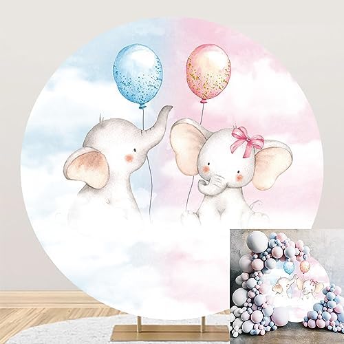 7.5x7.5ft Boy or Girl Gender Reveal Round Backdrop Cover Cute Elephant Blue Pink Balloon Circle Photography Background for Newborn Baby Shower Gender Reveal Party Decoration Cake Table Banner by TTQYFNM