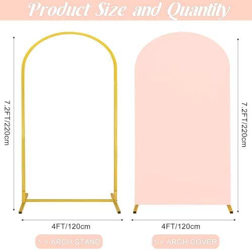 Metal Arch Stand and Cover Set,1 Light Pink Spandex Fitted Backdrop with 1 Gold Wedding Arched Stand Frame for Parties Birthday Baby Shower Bridal Banquet Decoration (7.2FT) - Image 2