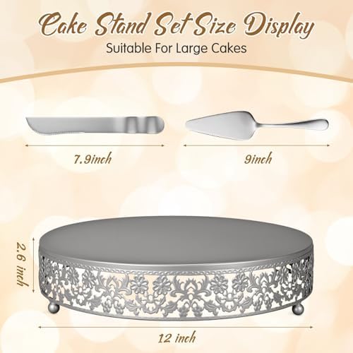 Wenqik 12 Inch Silver Cake Stand Set Metal Round Cupcake Dessert Stand with Cake Cutting, Flower Spatula Wedding Cupcake Pastry Display Candy Holder Display for Wedding Party Birthday Baby Shower - Image 2