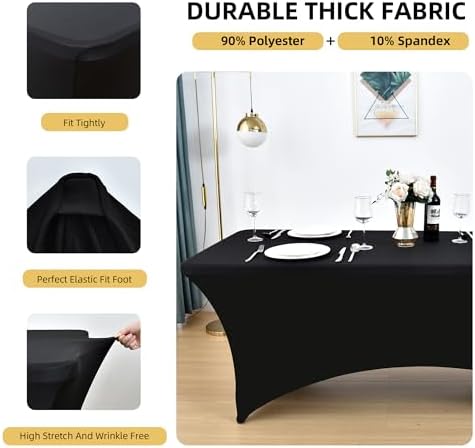 6-Pack 8ft Black Spandex Table Covers for Rectangle Folding Tables - Washable Elastic Tablecloth - Ultimate Fitted Table Protector for Birthday Parties, Trade Shows, Banquet - Image 2