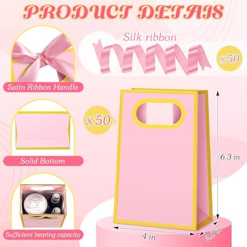 AmazingSpark 50 Pcs Pink Gold Mini Gift Bags Bulk 6.3 x 3.9 x 2.8 Inch Party Favors Elegant Small Gift Bags with Handles and Ribbon Bows for Wedding Birthday Bridal Baby Shower Party Favors - Image 2