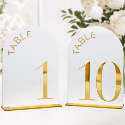 White Arch Wedding Table Numbers 1-10, Gold Numbers and Stands by JINMURY