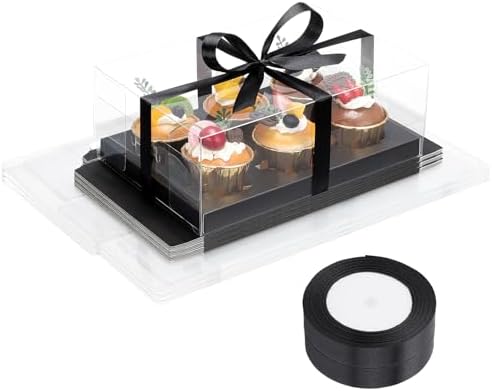 EUSOAR Cupcake Boxes, 18 Pack Black Plastic Bakery Mini Cake Pastry Containers 6 Count with Gift Ribbon, Rectangle Dessert Muffins Holder Disposable Cake Carrier for Wedding Party Favor Supplies by EUSOAR