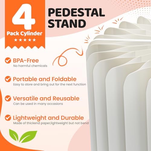HeiMma 4 Pack Buffet Risers, FOLDABLE Accordion Food Display Risers for Dessert Table,Dessert Table Display Set, White Cardboard Cylinder Cake Cupcake Stands for Party, Multi-height, 12in Round - Image 4
