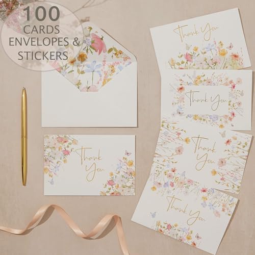 100 Floral Thank You Cards With Envelopes & Stickers - Pretty Wildflower & Gold Foil Assorted Greeting Notes pack for Wedding, Baby & Bridal Shower - Cute 4x6 Large Blank Flower Bulk Box Set - Image 2