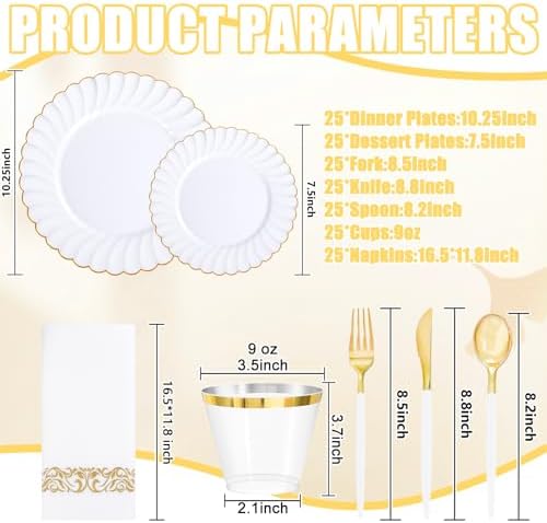 Ciaell 175 Piece White and Gold Plastic Plates for Weddings Parties - Image 2