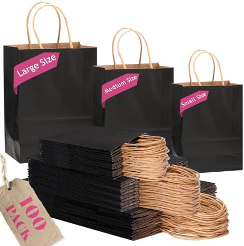 qiqee 100-Packs Black Paper Gift Bags with Handles Bulk Assorted Sizes(33pcs Large 13", 33pcs Medium 11", 34pcs Small 8") by Qiqee