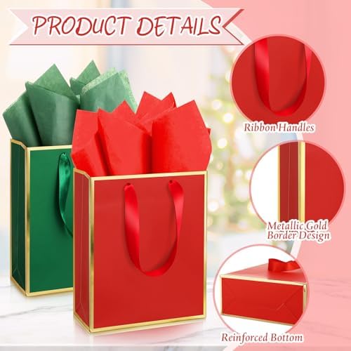 Yeaqee 50 Pcs Metallic Paepr Gift Bags Bulk with Handles,Red Green - Image 3